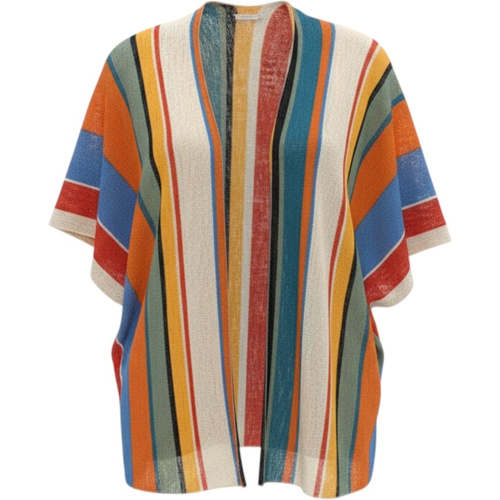 Odiva Women Multi Color Striped Knit Kimono Open Front Coverup OS